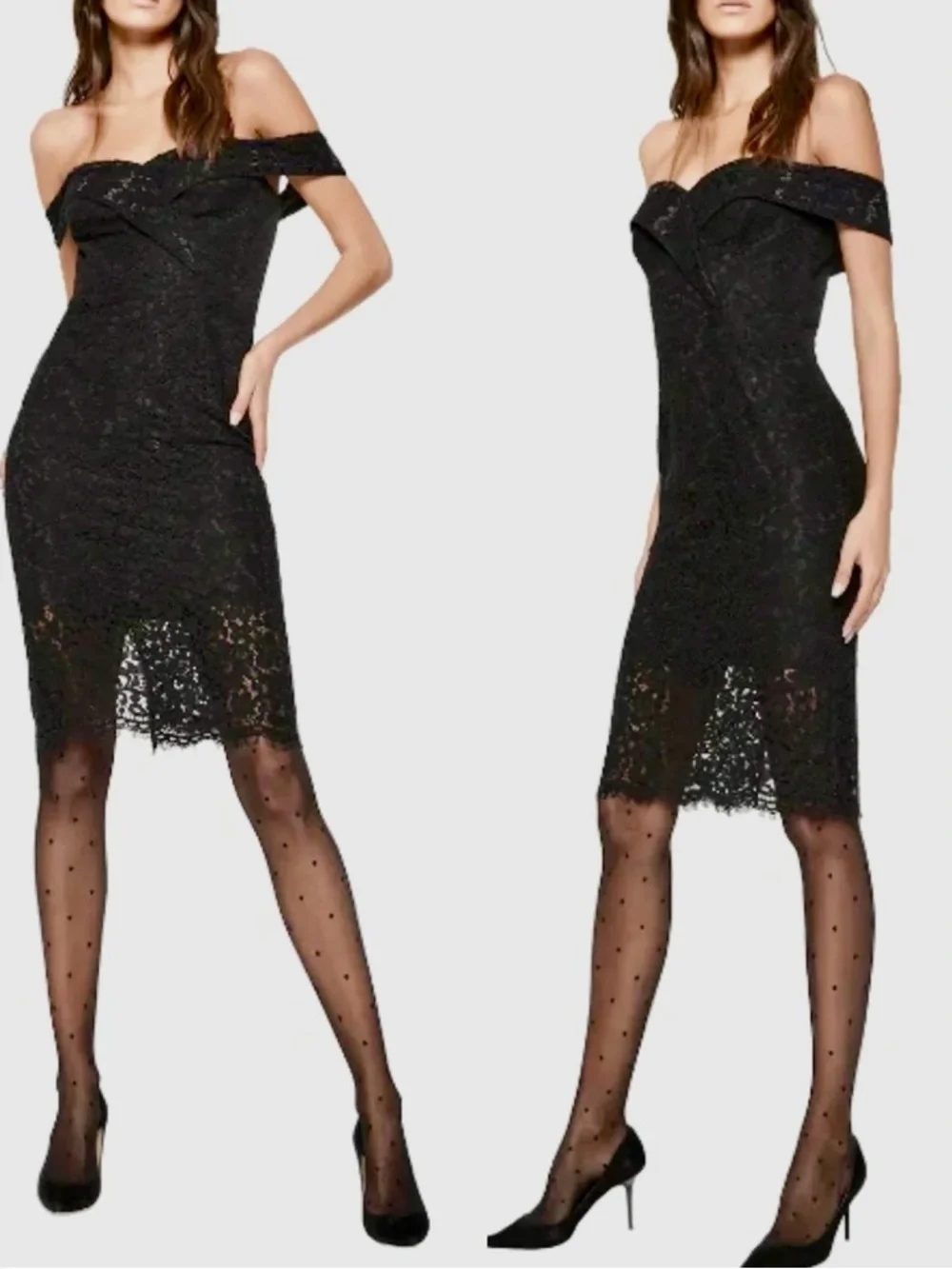 Bardot Bella Off the Shoulder Sweetheart Neckline Lace Bodycon Sheath Mini Dress - Picture 4 of 11